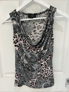 INC International Concepts Pink, Black & Gray Paisley Cowl-Neck Tank